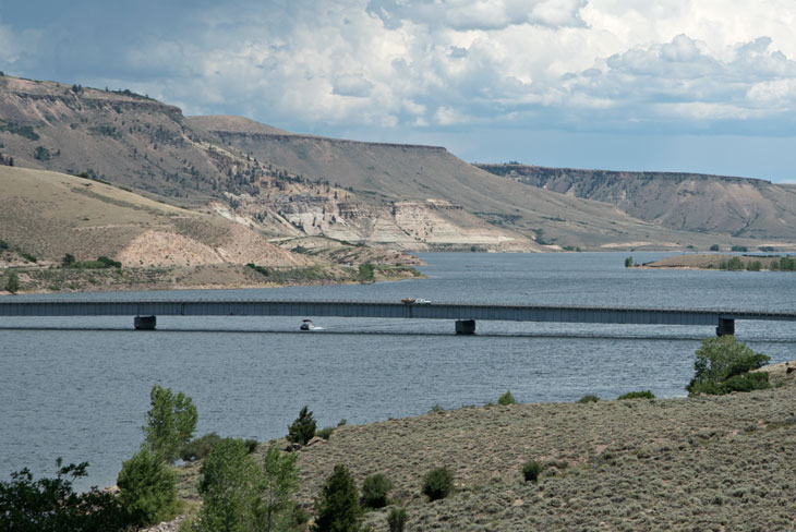Boat crossing Blue Mesa Reservoir, Colorado